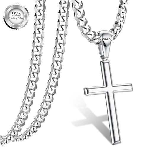 YADOCA Silver Cross Necklace for Men, 925 Sterling Silver Men's Necklaces 5mm Strong Stainless Steel Diamond Cut Cross Chain Mens Cross Necklace Crucifix Necklace 51cm