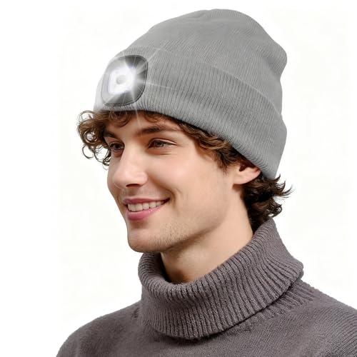 ltteea LED Lighted Beanie Cap,Unisex 4 LED Running Headlamp Cap USB Rechargeable Winter Warm Knit Hat with Light Perfect Dad Gifts in Christmas for Men Women Walking Night,Running,Camping,Hiking Grey