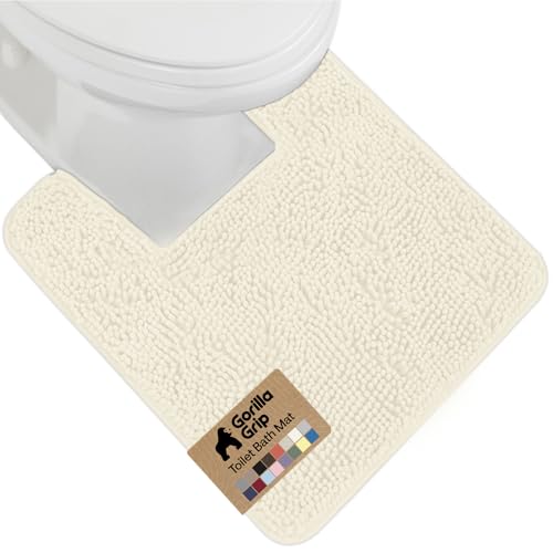 Image of GORILLA GRIP Plush Absorbent Shaggy Chenille Bath Rug Mat for Square Toilet Base with Rubber Backing, Machine Washable Rugs, Soft Microfiber Contour Mats for Toilets, Bathroom Decor, Ivory