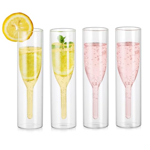 Set di 4 calici da champagne senza stelo, bicchieri da prosecco a doppia parete, bicchieri da vino classici, calici a tulipano, bicchieri in vetro soffiato a mano, bicchieri da tostatura per matrimoni