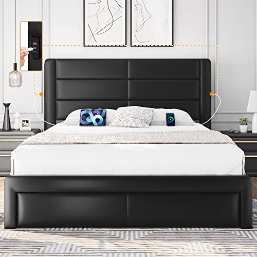 Yaheetech Full Size Bed Frame With 2 Usb Charging Stations/Port For Type A&Type C/3 Storage Drawers, Leather Upholstered Platform Bed With Headboard/Solid Wood Slat Support/No Box Spring Needed/Black #TOP2