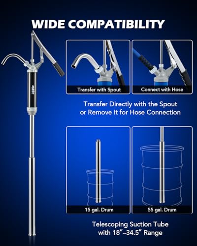 Image of OMT 55 Gallon Drum Pump, Lever Action Barrel Pump for 15 to 55 gal Drums | Heavy Duty Barrel Hand Pump with Telescoping Suction Tube Transferring Heating Oil, Motor Oil, Transmission Fluid