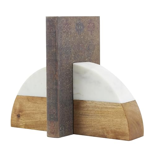 Deco 79 Mango Wood Geometric Decorative Bookends Arched 5 lbs Non Skid Bookends with White Marble Tops, Set of 2 Office Bookends5 W, 5' H, Brown