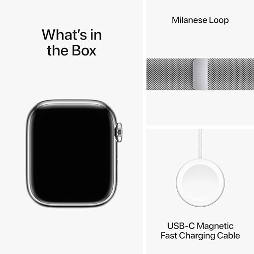 Image of Apple Watch Series 9 [GPS + Cellular 41mm] Smartwatch with Silver Stainless Steel Case with Silver Milanese Loop. Fitness Tracker, ECG Apps, Always-On Retina Display