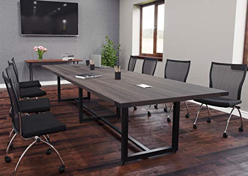 8 Foot - 16 Foot Modern Conference Room Table with Metal Base & Metal Accents (12ft w/ 0 Power Modules, Stone Gray w/Silver Metal)