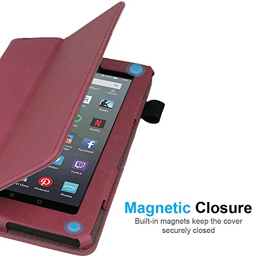 TECHGEAR Case Designed For All New Amazon Fire 7" (9th Generation / 2019 Release) PU Leather Slim Folio Stand Case Cover with Hand Strap [Plum] with Auto Wake/Sleep