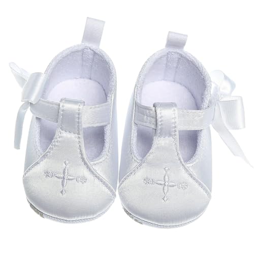 Booulfi Baby Shoes Girls Newborn Essentials Flower Mary Jane Flats Baptism Shoes for Baby Girls Non-Slip Soft Christening Booties