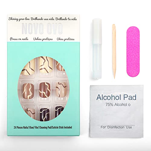 Novo Ovo Extra/Real Short Square Oval Brown Nude White Milky Swirl Thick False Fake Press On Nails Cappuccino Chocolate Glossy Iridescent Stick On Acrylic Kit With Glue For Mother's Day Spring #TOP5