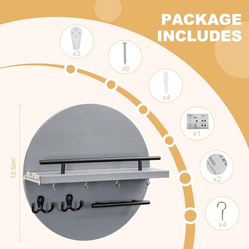 Dxiunove Schlüsselboard Vintage Holz mit Ablage Schlüsselbrett Rund Schlüsselhalter für Zuhause Dekorative Wandmontage Schlüsselbrett mit Vintage Charme(grau)