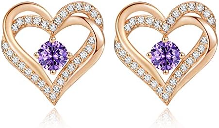 CDE Forever Love Heart Stud Earrings 925 Sterling Silver with Birthstone Zirconia, Anniversary Birthday Jewelry Gifts for Women Wife Her Girls