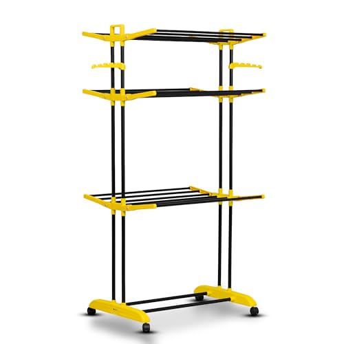 Image of BonKaso AirFold Plus 3-Tier Foldable Clothes Drying Stand, Laundry Rack with Wheels and 8 Hanger Slots for Indoor Outdoor Home