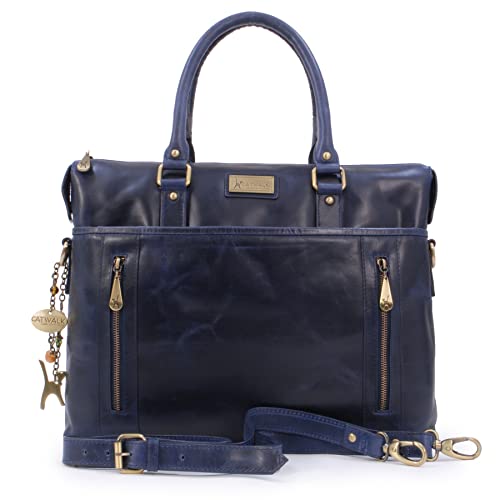 CATWALK COLLECTION - Cuir Vintage - Sac porté épaule avec Bandoulière/Sac de Travail/Porte-Documents/Mallette/Compatible Pour Laptop/Ordinateur Portable - Femme - ADELE - Bleu