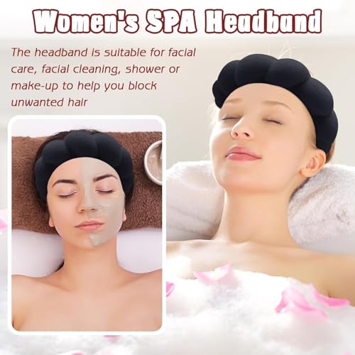 Image of Spa Headband and Wristband Set, Face Wash Headband Makeup Skincare Headband Wrist Bands Washing Face for Preppy Skincare Women Girl (Spa Headband - Black)
