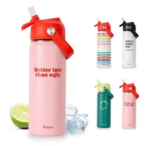 Fisura – Originelle Trinkflasche “Better late than ugly”, 500 ml Thermoflasche aus BPA-freiem Edelstahl mit Strohhalm für Sport, Reisen, Büro und Outdoor-Aktivitäten.