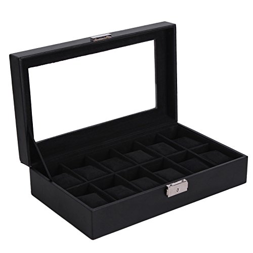 SONGMICS 12 Slots Watch Box Lockable Organizer Mens Watch Display Case Glass Top Black UJWB12B