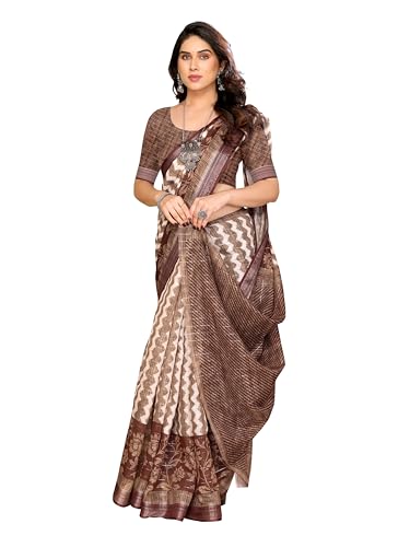 Image of Sidhidata Women's Cotton Linen Blend Lining Digital Printed Saree With Unstitched Blouse Piece (Linen Lining Saree)