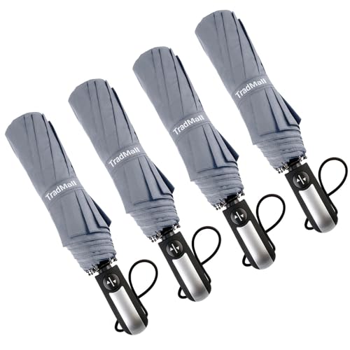 TradMall 4 Pack Travel Umbrella Windproof Portable 46 Inches Large Canopy Ergonomic Handle Auto Open & Close, Gray