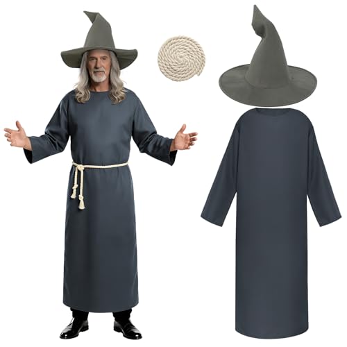BSBUY Adult Wizard Costume 3Pcs Gray Wizard Robe Outfit Medieval Sorcerer Cape Renaissance Wizard Fancy Dress Costume with Wizard Hat Witch Wizard Belt for Halloween Christmas World Book Day(L)