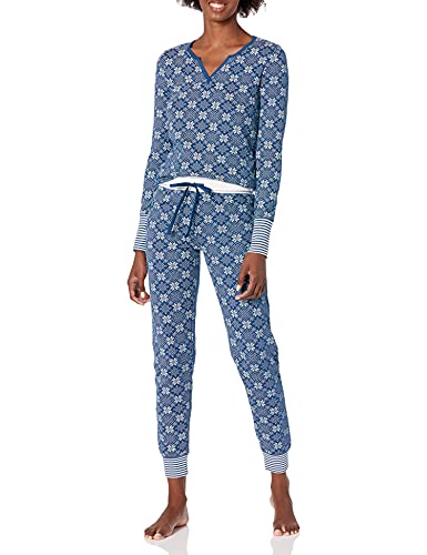 Amazon Brand - Mae Women's Vintage Thermal Henley Long Sleeve Top with Jogger, blue fair isle, EXTRA LARGE