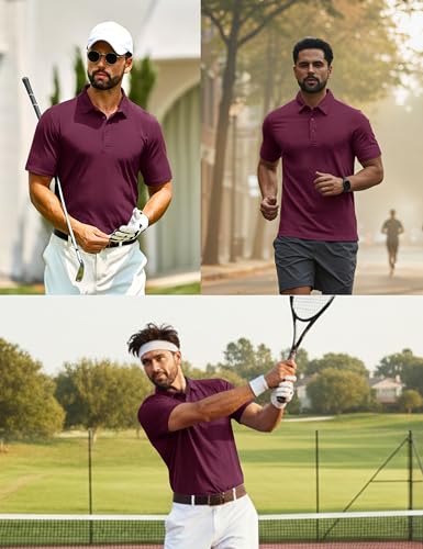 Cotrasen Polo Shirts for Men Short Sleeve Cotton Pique 3 Buttons Golf Classic Fit Casual Performance T-Shirt Wine Red L — view 4