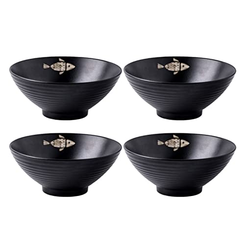 8 inch/40 Ounce Cereal Bowls, Soup Pasta Bowls, Matte Black Threaded Bowl, Ceramic Serving Bowls for Kitchen, Large Bowls Set for Dessert Dinner, Dishwasher & Microwave Safe (Color : Fish pattern-4pc