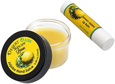 Jojoba Oil Lemon Travel Size Hand Salve and Lip Balm, all natural, cold pressed and undeoderized jojoba oil and mildly scented with Lemon, Salve (0.5 oz/15 gm) Lip balm (.15 oz/4.6 gm) 2 units