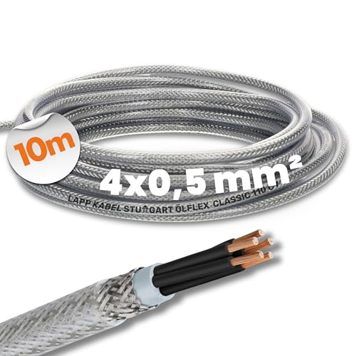 10 Meter Lapp 1135754 Ölflex Classic 110 CY geschirmte Steuerleitung 4x0,5 mm² ohne grün-gelbem Schutzleiter I geschirmtes Kabel 4 adrig I Steuerkabel 4 adrig mit Schirm I transparenter Außenmantel