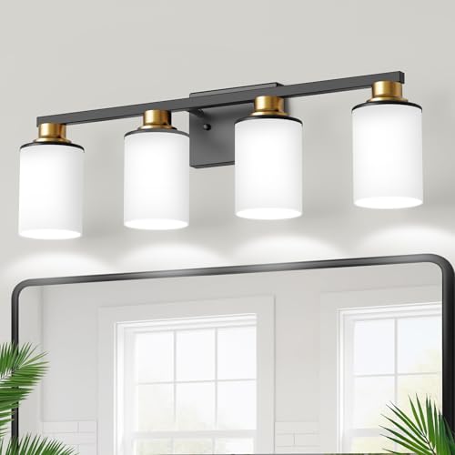 Image of DORESshop 4-Light Black and Gold Bathroom Light Fixtures Over Mirror with Milk Glass Shade, Modern Vanity Lights, ETL Listed