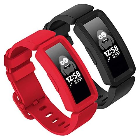 TopPerfekt Strap Compatible With Fitbit Ace 2 for Kids 6, Soft Silicone Waterproof Bracelet Accessories Strap Boys Girls Wristbands Compatible for Fitbit Ace 2 (2Black,Red) Cover