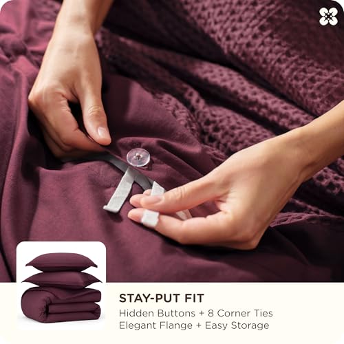 Image of Bedsure Cotton Duvet Cover King - 100% Cotton Waffle Weave Burgundy Duvet Cover King Size, PureWoven Breathable Bedding Set for All Season, 3 Pieces, 104 inchx90 inch