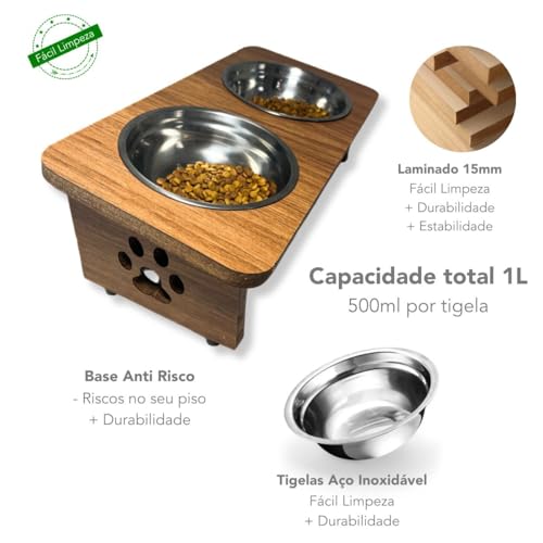 Comedouro Inclinado Elevado Cachorro Gato Duplo Tigela Inox (Marrom)
