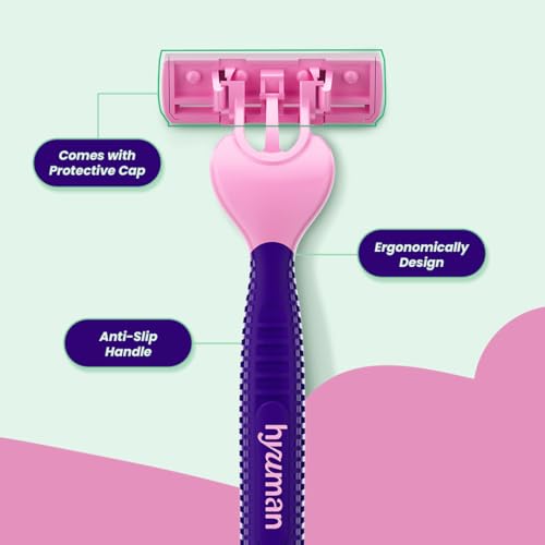 Image of Hyuman Smooth Shave Women Body Razor, Reusable Hair Removal Razor with 3 Stainless Steel Blades, Aloe Vera & Vitamin E Strip, Underarm Shaver for Legs, Arms & Bikini, Pack of 3