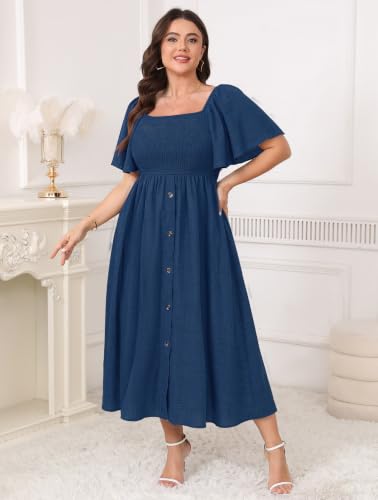 Image of Plus Size Casual Maxi Boho Dress for Curvy Women Short Sleeve Square Neck Smocked Summer Beach Dresses Button Down