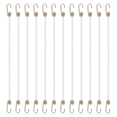 Image of Piriuuo 12 Pcs 11 Inch White Bungee Cords with Hooks, Heavy Duty Outdoor Bungee Straps Small Bungee Cords Elastic Rope Latex Mini Rope for Outdoor Tent Camping Luggage Roof Racks Car Tarps Bikes Rvs