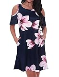 Tanst Sky Sun Dresses Women Summer, Ladies A Line Cold Shoulder Sundress Cute Short Sleeve Hawaiian Dress Dressy Midi Shift Summer Beach Outfits Navy Blue L