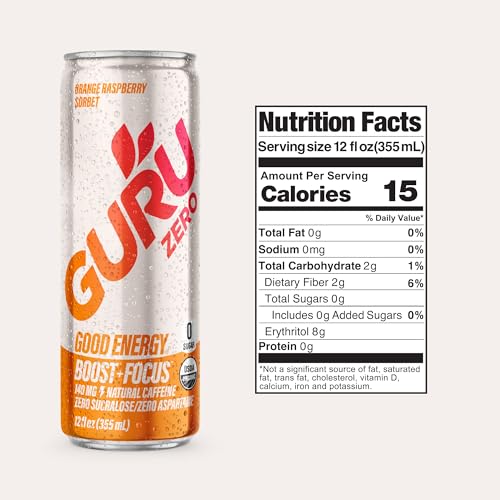 Image of GURU Zero Sugar Energy Drink,Orange Raspberry Sorbet Organic Sparkling Energy Drink with 140 MG Natural Caffeine & Coconut Water for Workouts, Performance & Midday Boost, Gluten Free, Vegan, 12 Fl Oz, 12 Pack