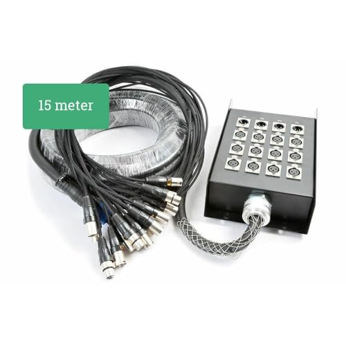Power Dynamics Cable de audio manguera para escenario con 12 entradas XLR Hembra 4 Salidas XLR macho, cable flexible, cajetín metálico con conectores metálicos de calidad, longitud 15 Metros