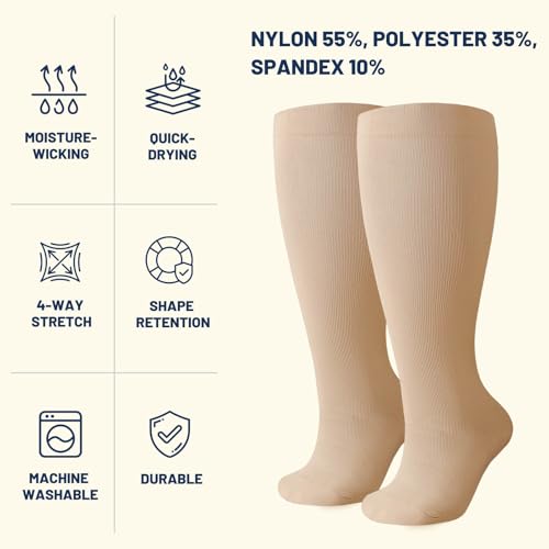 Image of Plus Size Compression Socks 20-30mmHg Wide Calf for Men Women, Extra Large Compression Stockings Support for Running, Travel, Nurses, Pregnancy (3 Pairs)