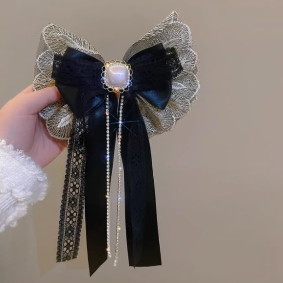 Temperament lace hair clips female super fairy long ribbon spring clip back of the accessories