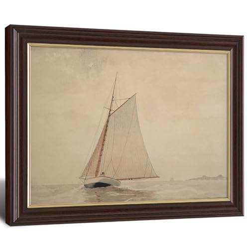 Image of Framed Vintage Sailboat Canvas Wall Art, Antique Nautical Watercolor Painting Prints, Neutral Tone Coastal Wall Decor for Living Room Bedroom Bathroom Office