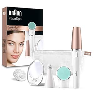 Braun FaceSpa Gesichtsepilierer Damen, Gesichtsreinigungsbürste, Massagepad, Spiegel und Tasche, Haarentfernung und Reinigung, Geschenk für Frauen, 851v, weiß/bronze