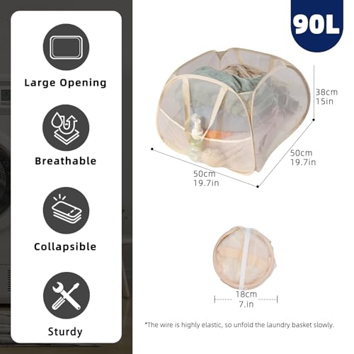 Image of Collapsible Laundry Basket 90L, Foldable Mesh Pop-up Laundry Hamper with Handles, Dirty Clothes Hamper for Laundry with Side Storage Pocket(Beige, 2PCS)