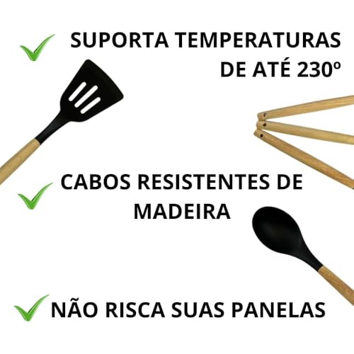 Kit 12 Utensílios De Cozinha Em Silicone E Cabo De Madeira Jogo De Utensílios Resistente ao Calor Antiaderente Premium GAXMARK (Preto) - Imagem 5