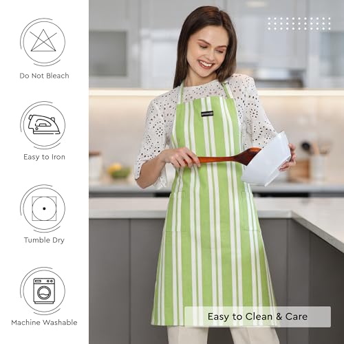 Image of Encasa XO Cotton Cooking kitchen Apron for Women and Men chef apron With adjustable neckstrap, Pocket & Towel Holder for Easy cooking, Baking, BBQ, Gardening- Franca Lime Stripes, 68x85 cm