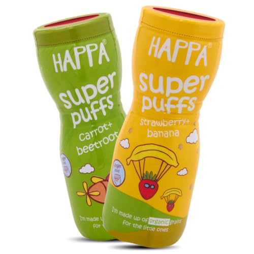 Image of Happa Organic Multigrain Melts Teething Super Puffs (Healthy Organic Snack for Little One, 8 Months+) Strawberry & Banana + Carrot & Beetroot (Pack of 2)