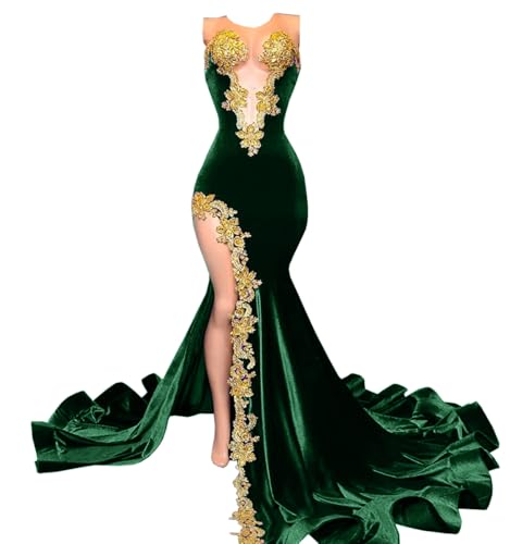 Image of Velvet Prom Dresses Beaded Applique Sleeveless Celebrity Pageant Split Mermaid Evening Gala Gown