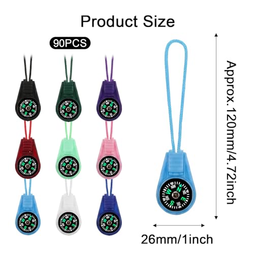 90 Pack Mini Compass Keychain con Lanyard - 9 Colores Vibrantes, Diámetro 1 Pulgada, Longitud 4.72 Pulgadas, Material PP Duradero para Senderismo, Camping, Supervivencia, Navegación, Aventura al Aire Libre miniatura 2