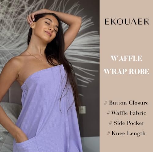 Image of Ekouaer Waffle Robes For Women Bath Wraps Lightweight Knee Length Soft Shower Robe with Pocket S-L
