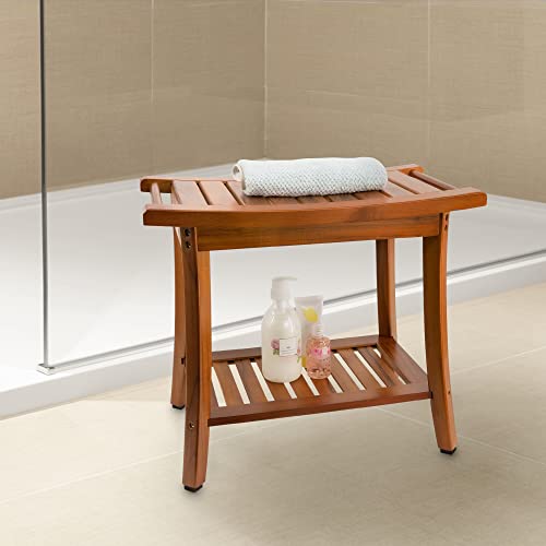 Utoplike Teak Shower Bench Seat With Handles, Portable Wooden Spa Bathing Stool With Storage Towel Shelf, 22" X 13" X 18.6",Waterproof,Perfect For Indoor And Outdoor Use #TOP4