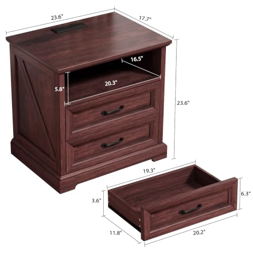 Image of HOMMPA 24'' Farmhouse Nightstand with Charging Station, Bedside Tables with AC Outlets & USB Port, 2 Drawers Side Table End Table with Open Shelf, Rustic Wood Night Stand for Bedroom, Maroon Brown